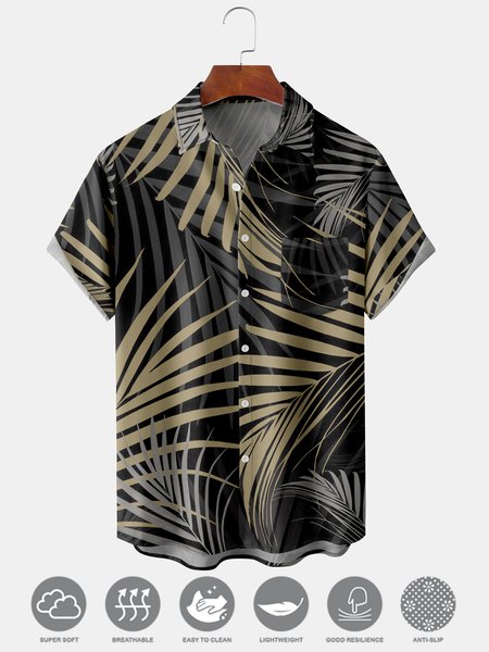 

Men's Leaf Print Moisture Wicking Fabric Fashion Hawaiian Lapel Pocket Short Sleeve Shirts, Black, Men's Floral shirt