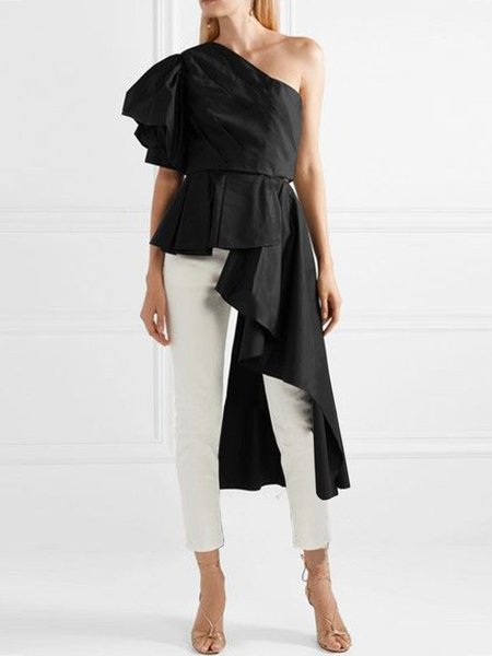 

One Shoulder Elegant Short Sleeve Tops, Black, Tops
