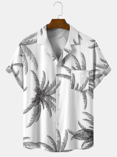 

Cotton Linen Style American Botanical Floral Coconut Tree Print Linen Shirt, As picture, Men's Floral shirt