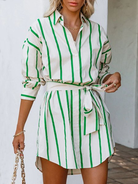 

Shirt Collar Striped Elegant Daily Shirt Dress, Green, Mini Dresses