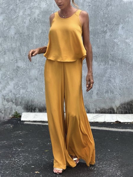 

Casual Loosen Solid Two Piece Set, Yellow, Pants Set
