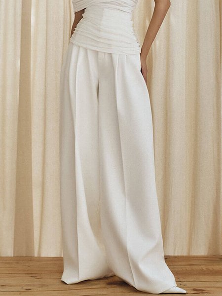

Long Plain Daily Simple Regular Fit Pants, White, Wide Leg Pants