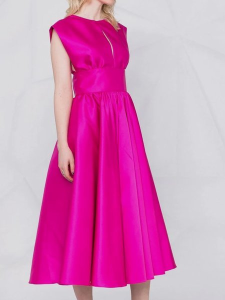 

Crew Neck Plain Regular Fit Short Sleeve Woven Dress, Rose red, Maxi Dresses