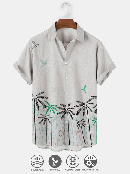 

Cotton Linen Style American Botanical Floral Coconut Tree Print Linen Shirt, As picture, Men's Floral shirt