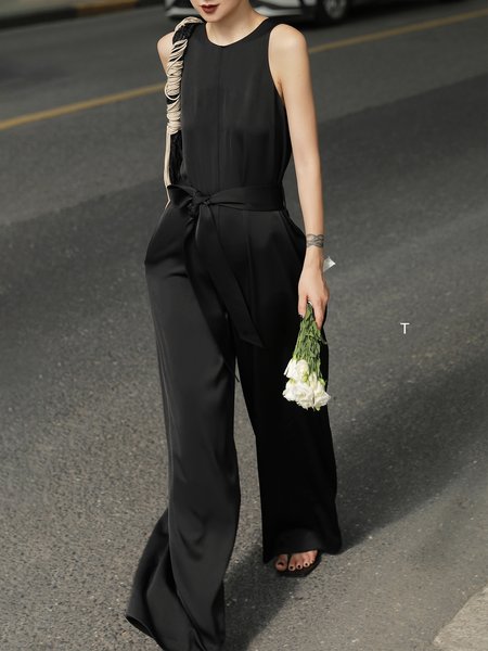

Long Daily Simple Crew Neck Plain Jumpsuit & Romper, Black, Jumpsuits