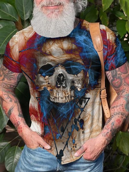 

Skull 3D pattern Gadient Crew Neck Short Sleeve Short Sleeve T-Shirt, As picture, T-shirts