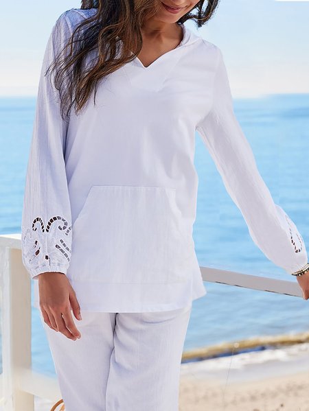 

Beach Holiday V Neck Long Sleeve Solid Cotton Tops, White, Tunics