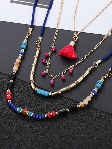 

Boho Fashion Ethnic Multilayer Rice Bead Tassel Necklace, As picture, Necklaces