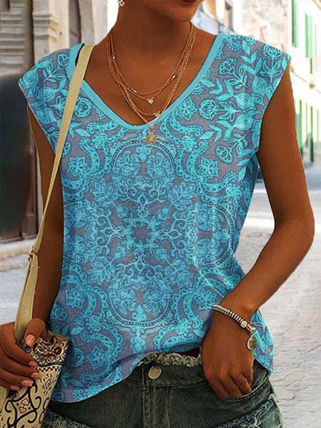 Ethnic Floral Design V Neck Loose T Shirt