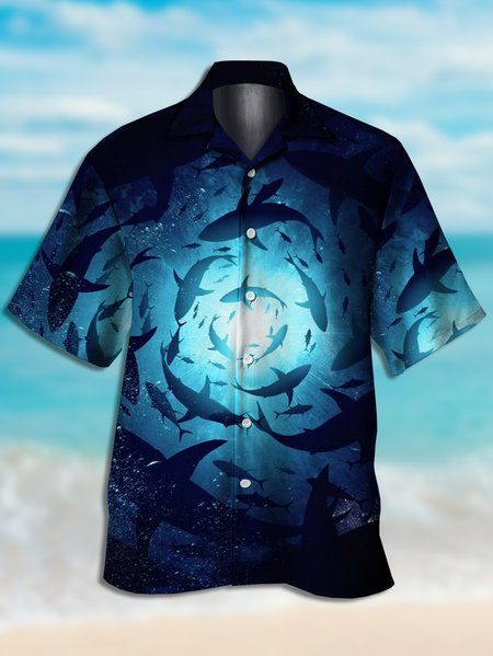 

Mens Funky Shark Print Casual Breathable Short Sleeve Aloha Shirt, Blue, Men's Floral shirt