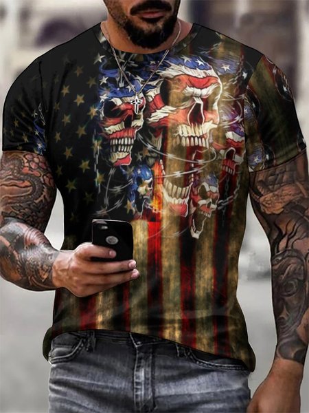 

Vintage American flag Skull Short Sleeve Crew Neck Short Sleeve T-Shirt, As picture, T-shirts