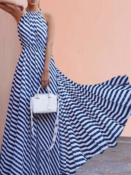 

Halter Striped Vacation Sleeveless Maxi Dress, Blue, Maxi Dresses