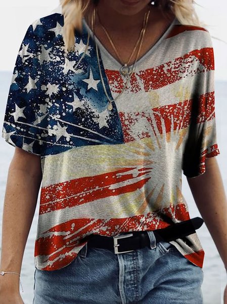 

Independence Day Flag Print Short Sleeve Loose T-Shirt, Blue, T-Shirts