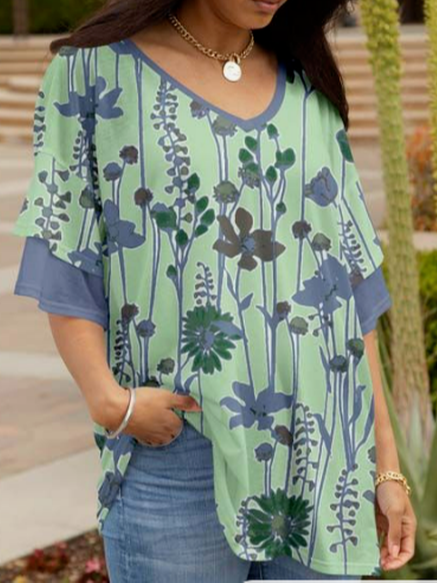 

Casual Loosen Floral Short Sleeve T-Shirt, Green, T-Shirts