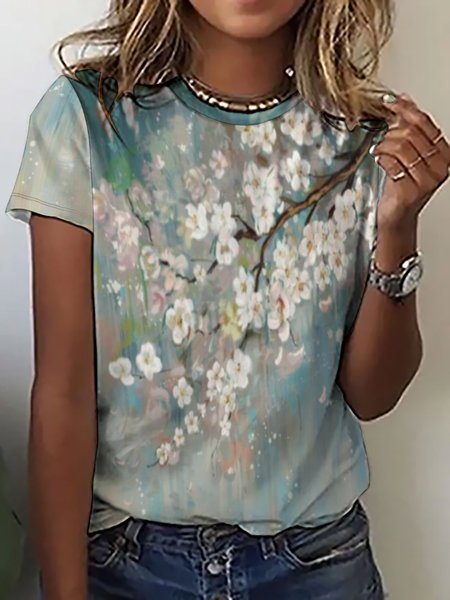 

Womens Flower Art Print Casual Abstract Short Sleeve T-Shirt, As picture, T-shirts