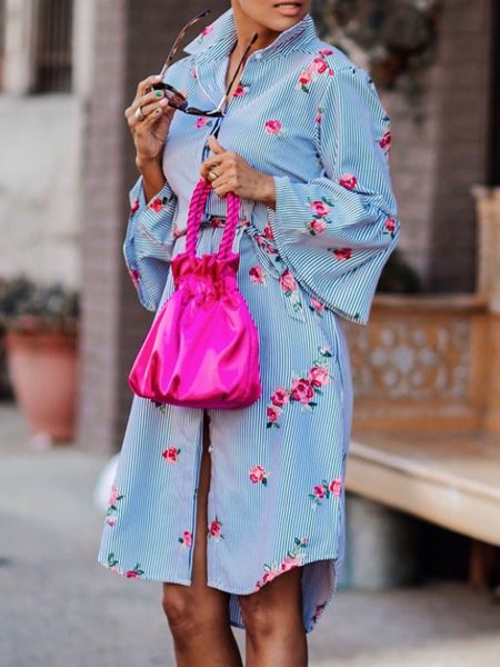 

Shirt Collar Elegant Printed Long Sleeve Striped Shirt Dress, Blue, Midi Dresses