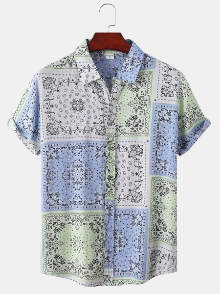 

Cotton Blends Vacation Floral Short Sleeve Short Sleeve Shirt, Blue, Shirts ＆ Blouse
