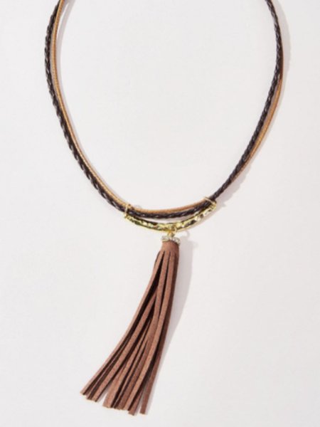 

Fringed Leather Layered Necklace, Brown, Necklaces