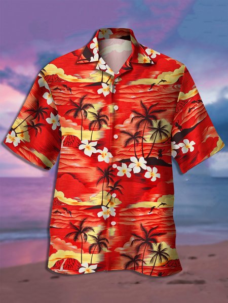 

Tropical Graphic Men's Casual Short Sleeve Hawaiian Shirt, Red, Men's Floral shirt