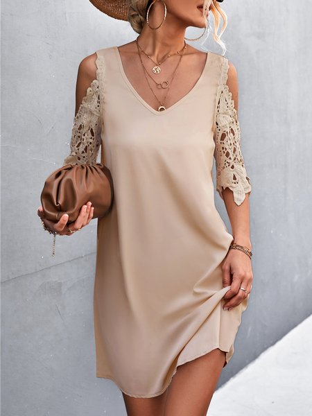 

Lace Loosen Plain Short Sleeve Woven Dress, Khaki, Dresses