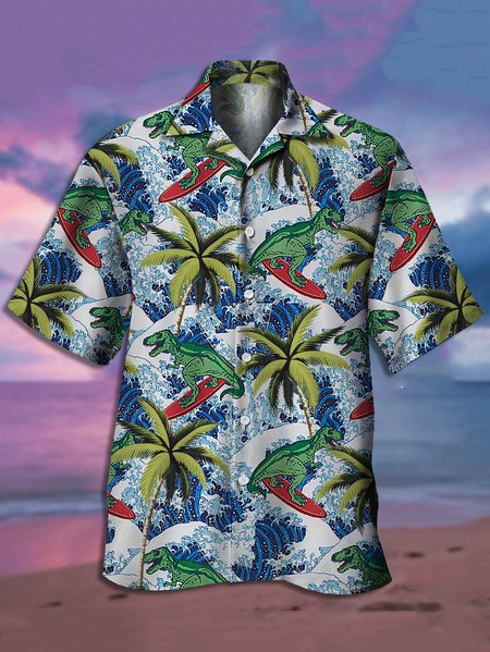 

Men's Dinosaur Element Print Casual Fabric Fashion Hawaiian Collar Short Sleeve Shirt, Green, Men's Floral shirt