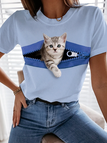 

Crew Neck Casual Animal Short Sleeve T-Shirt, Blue, T-Shirts