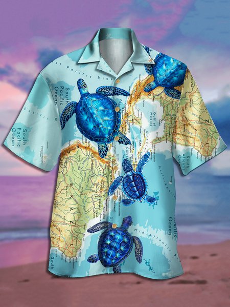 

Men's Turtle Print Casual Breathable Hawaiian Short Sleeve Shirt, Light blue, Men's Floral shirt
