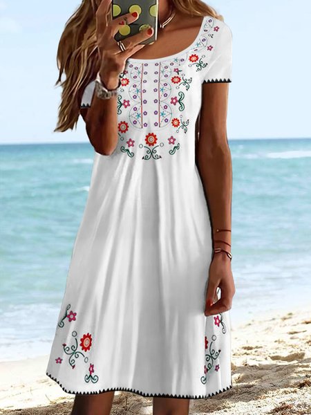 

Round Neck Tribal Regular Fit Short Sleeve Knit Dress, White, Mini Dresses