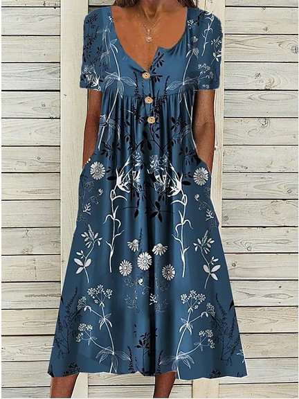 

Floral Casual Short Sleeve Knit Dress, Blue, Dresses