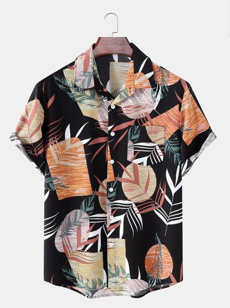 

Vacation Short Sleeve Floral Cotton Blends Short Sleeve Shirt, Black, Shirts ＆ Blouse
