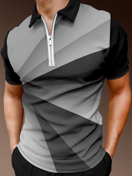 

Casual Art Collection Abstract Print 3D Gradient Line Element Pattern Lapel Short Sleeve Polo Print Top, Gray, Men's t-shirts