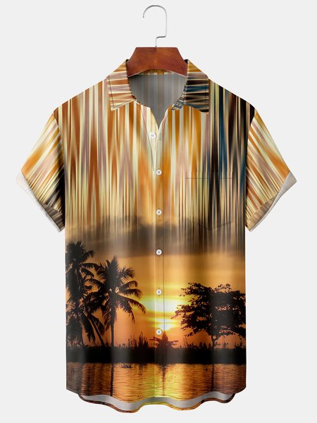 

Coconut Tree Graphic Men's Hawaiian Short Sleeve Chest Pocket Shirt, Yellow, Men's Floral shirt