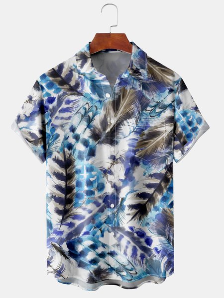 

Gradient Feather Graphic Short Sleeve Casual Chest Pocket Men's Shirt, Blue, Men's Floral shirt