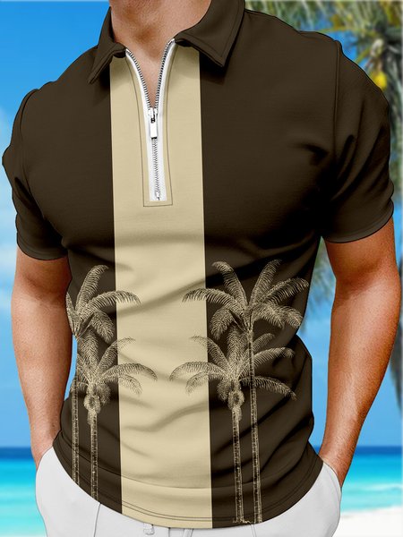 

Resort Style Hawaiian Series Botanical Coconut Tree Element Pattern Lapel Short-Sleeved Polo Print Top, Deep brown, Men's t-shirts