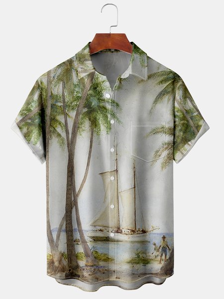 

Men's Ocean Print Casual Fabric Fashion Hawaiian Lapel Short Sleeve Shirt, Green, Men's Floral shirt