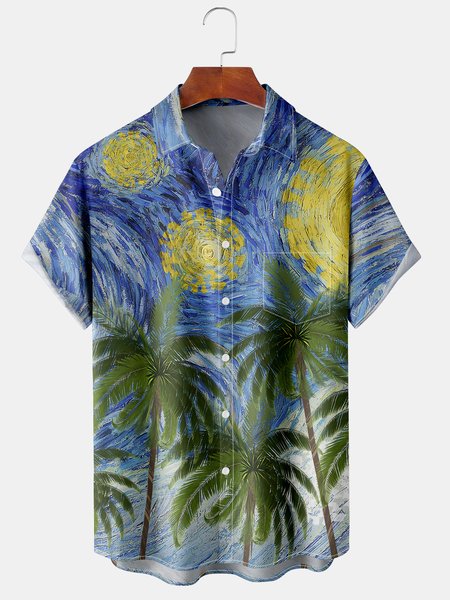 

Men's Art Oil Painting Coconut Tree Series Printing Casual Breathable Hawaiian Short Sleeve Shirt, Blue, Men's Floral shirt