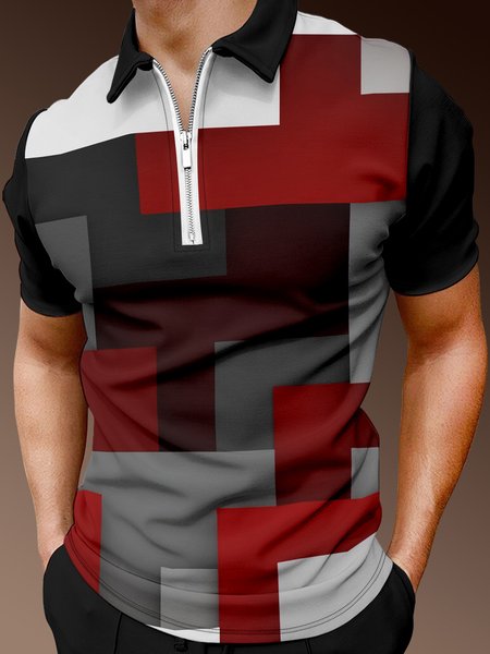 

Casual Art Collection Geometric Color Block Pattern Lapel Short Sleeve Polo Print Top, Red, Men's t-shirts