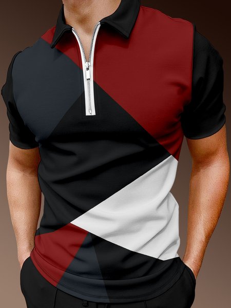 

Casual Art Collection Geometric Color Block Pattern Lapel Short Sleeve Polo Print Top, Black, Men's t-shirts