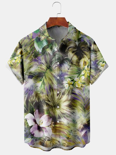 

Tropical Plant Graphic Men's Hawaiian Short Sleeve Chest Pocket Shirt, Green, Men's Floral shirt