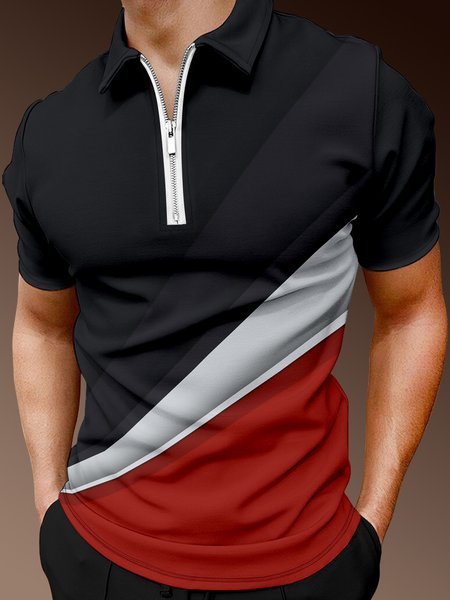 

Casual Art Collection Abstract 3D Geometric Stripe Element Pattern Lapel Short Sleeve Polo Print Top, Black, Men's t-shirts