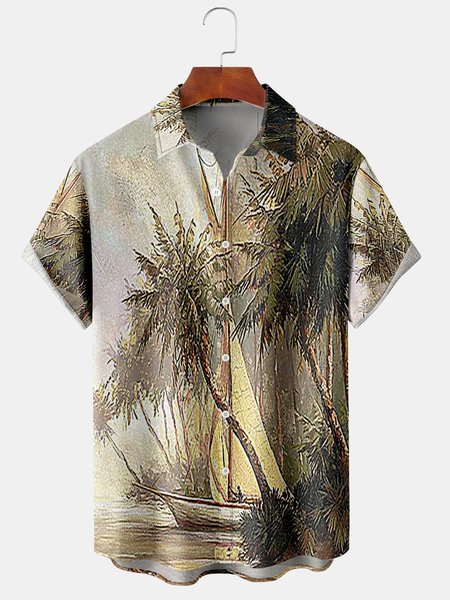 

Men's Ocean Print Casual Fabric Fashion Hawaiian Lapel Short Sleeve Shirt, Green, Men's Floral shirt