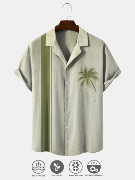 

Cotton Linen Style American Botanical Floral Coconut Tree Print Linen Shirt, As picture, Men's Floral shirt