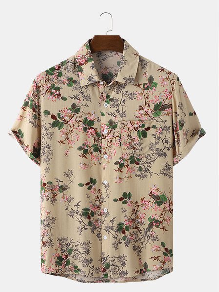 

Short Sleeve Casual Shirt Collar Floral Short Sleeve Shirt, Brown, Shirts ＆ Blouse