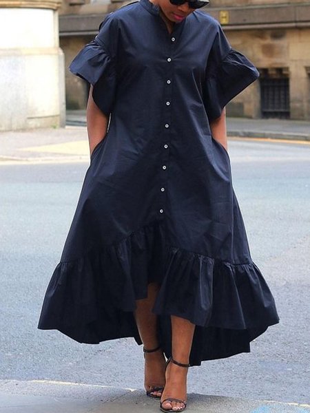 

Loosen Solid Stand Collar Short Sleeve Woven Dress, Black, Maxi Dresses