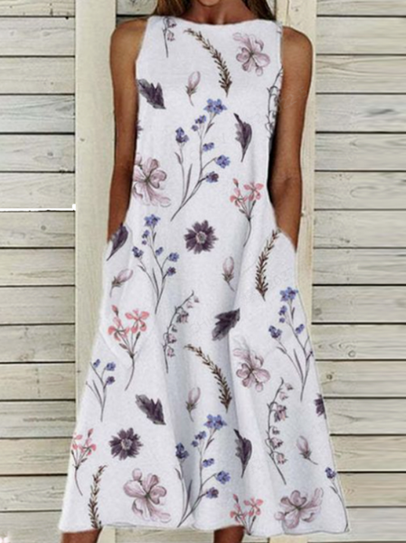 

Floral Crew Neck Vacation Sleeveless Woven Dresses, White, Dresses