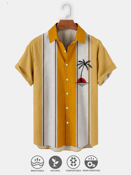 

Cotton Linen Style American Botanical Floral Coconut Tree Print Linen Shirt, As picture, Men's Floral shirt