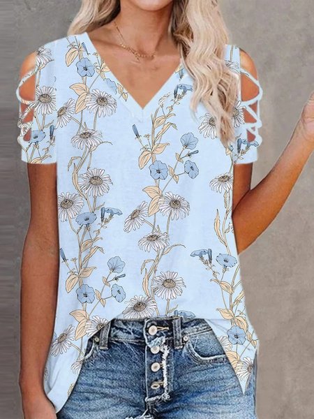 

V Neck Floral Loosen Short Sleeve T-Shirt, Blue, T-Shirts