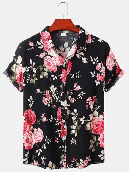 

Shirt Collar Short Sleeve Floral Casual Short Sleeve Shirt, Black, Shirts ＆ Blouse