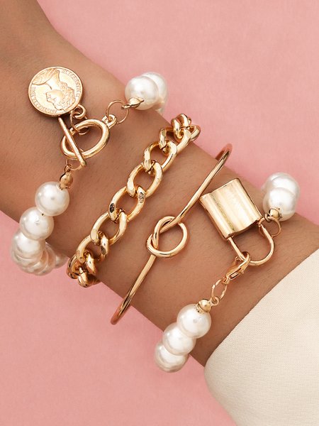 

Baroque Coin Lock Pearl Multilayer Bracelet Set, Golden, Bracelets