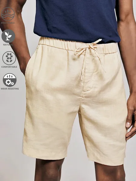 

Cotton And Linen Plain Casual Shorts, Apricot, Men's shorts